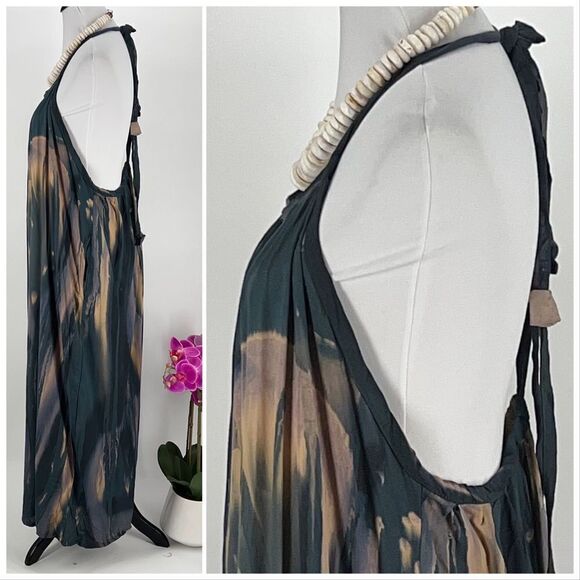 Kahakai ~ Teal Blue Purple Gray Tan Scoop Neck Plunge Back Overall Romper - Picture 6 of 15